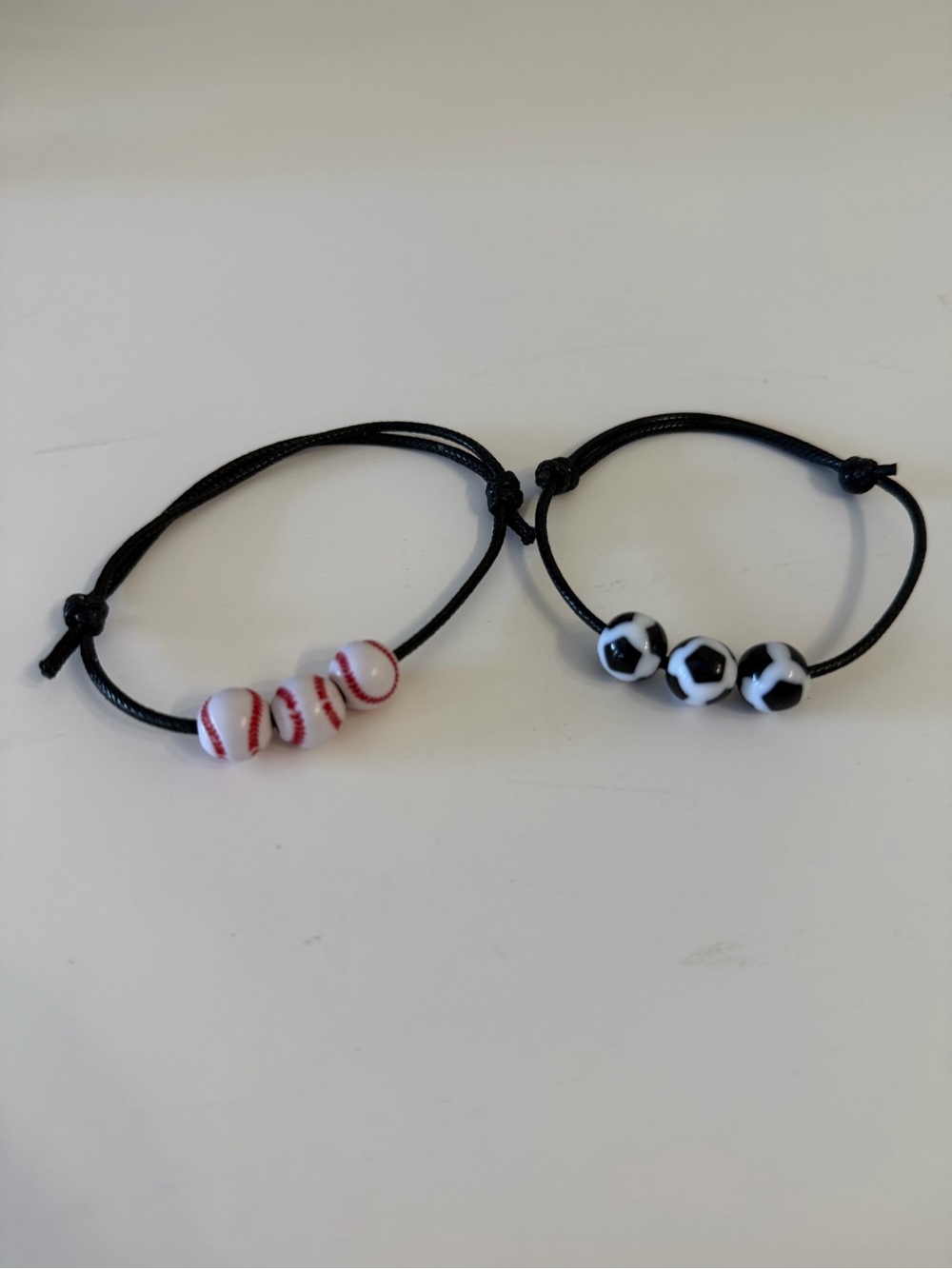 Kids Sports Bead Adjustable Bracelets - Black with White/Red Sports Beads